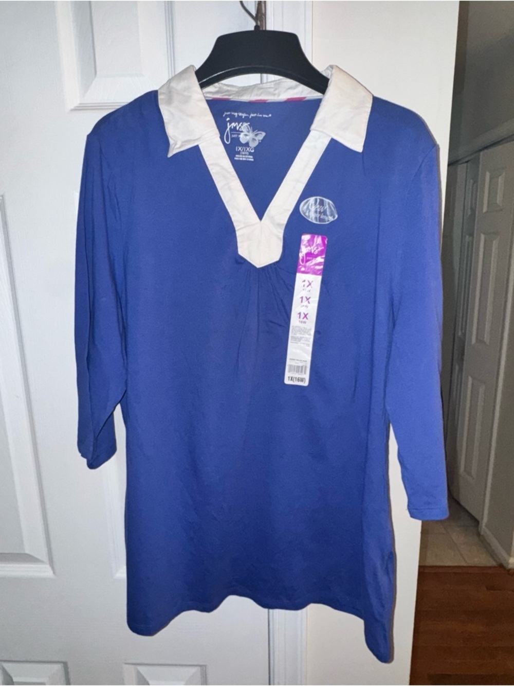 Just My Size Women’s Plus 1X Blue Cotton Knit Top Johnny Collar 3/4 Sleeve NWT - Picture 1 of 7